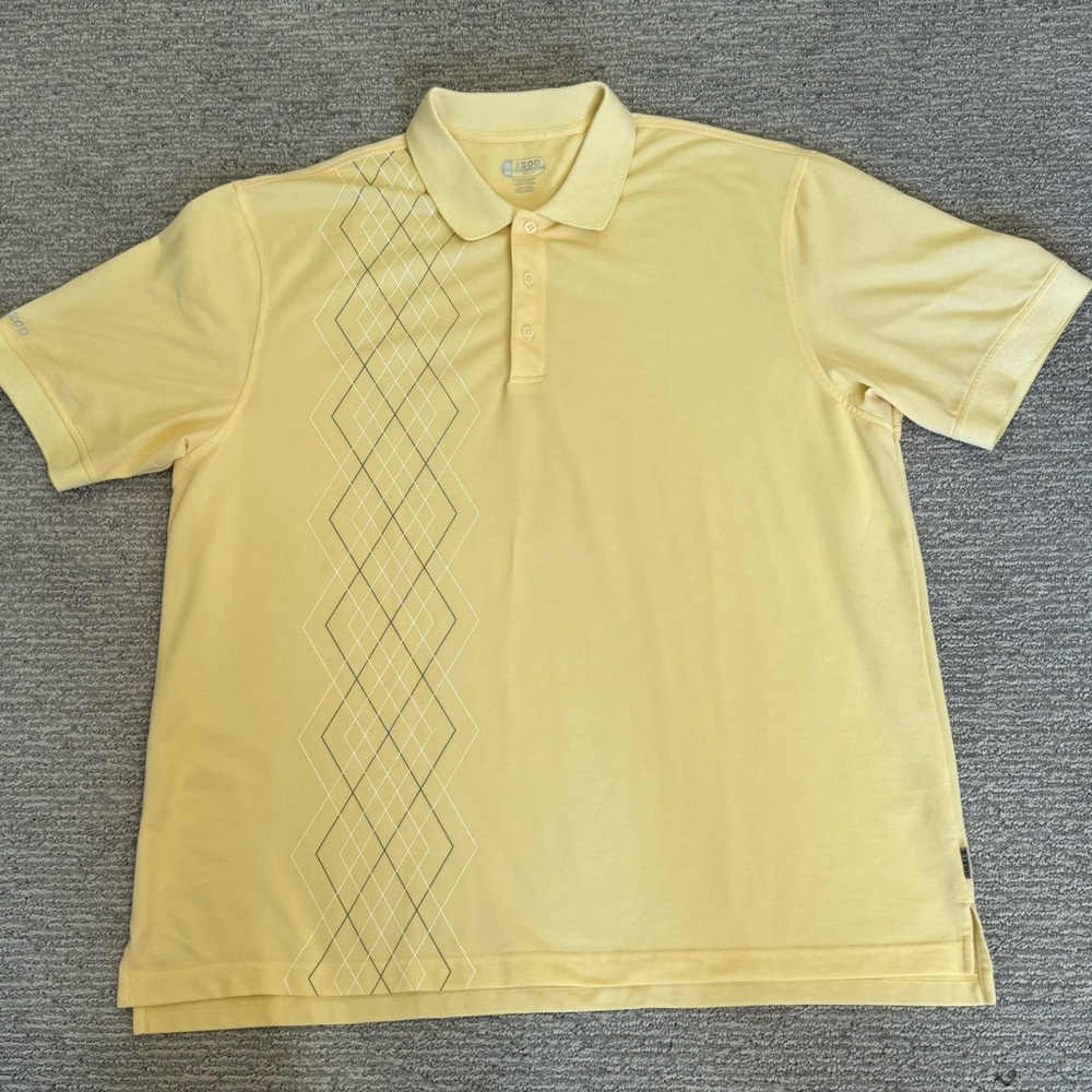 IZOD X-TREME FUNCTION GOLF POLO MENS XXL YELLOW ARGYLE PATTERN GRAY/WHITE PREPPY